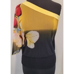 Y2K Ombre Butterfly One Shoulder Top Yellow Black Vintage Small